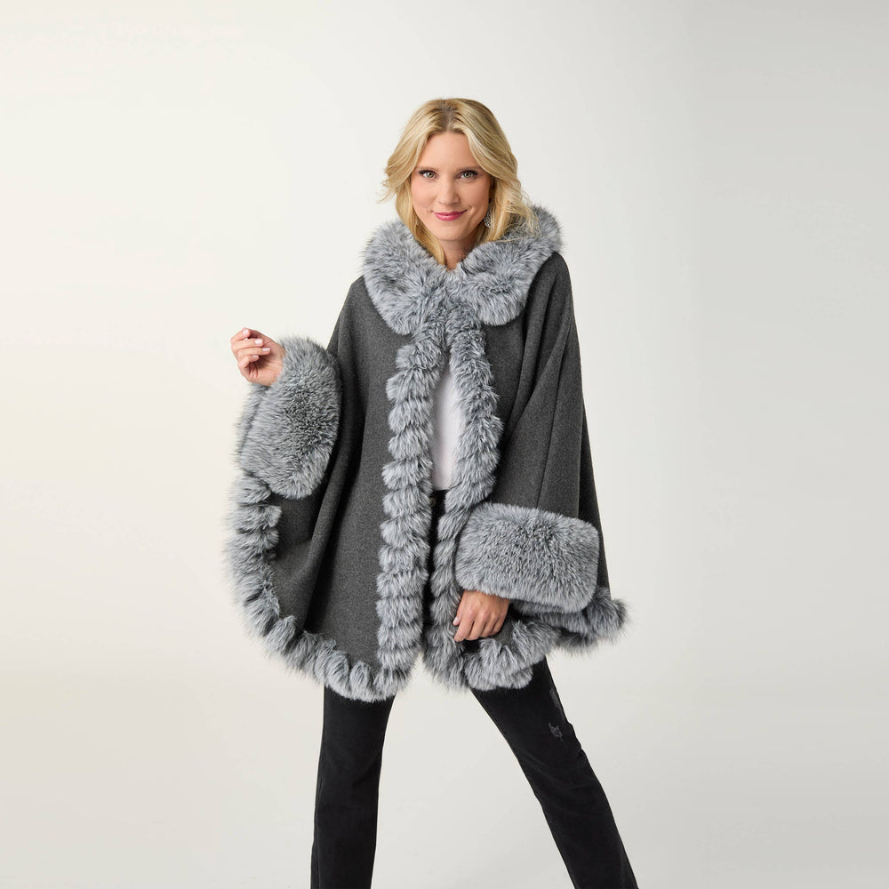 Mira Wrap with Faux Fur Trim-Fall: Grey