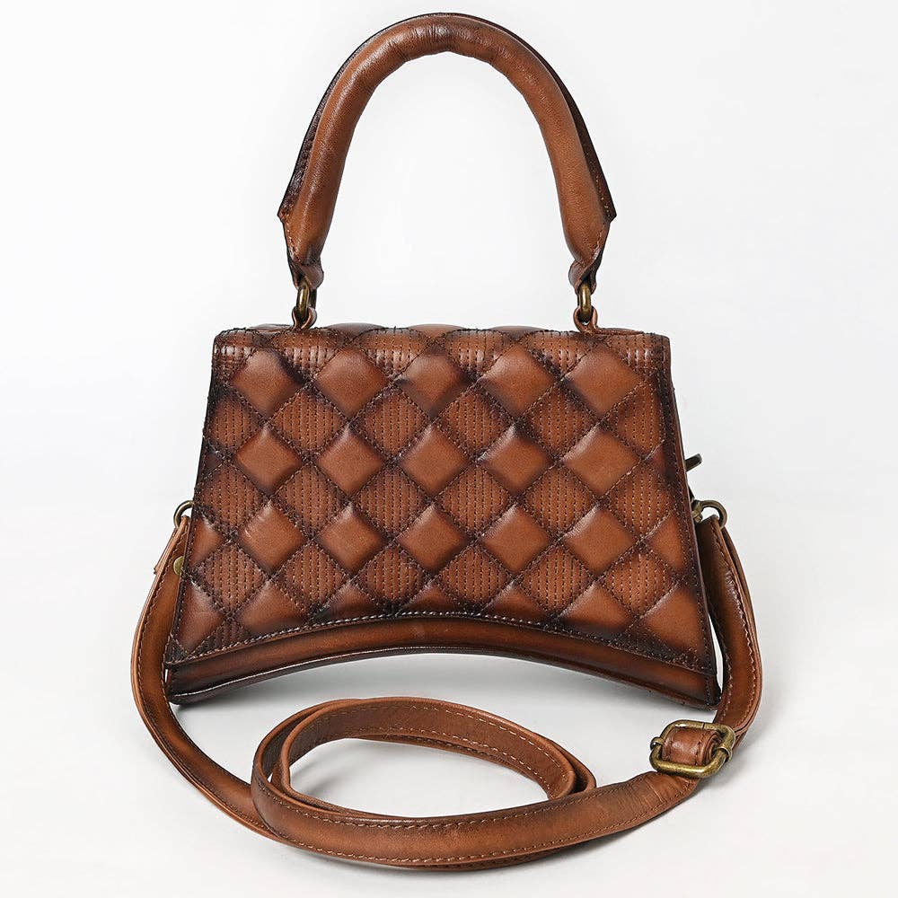 Cognac Quilted Leather Top Handle Crossbody Bag