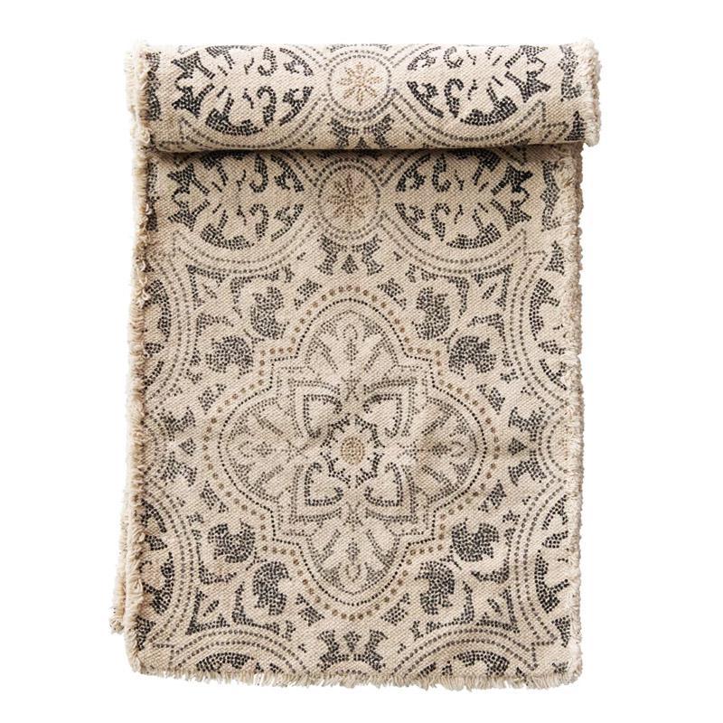 Table Runner Cotton Printed Grey and White