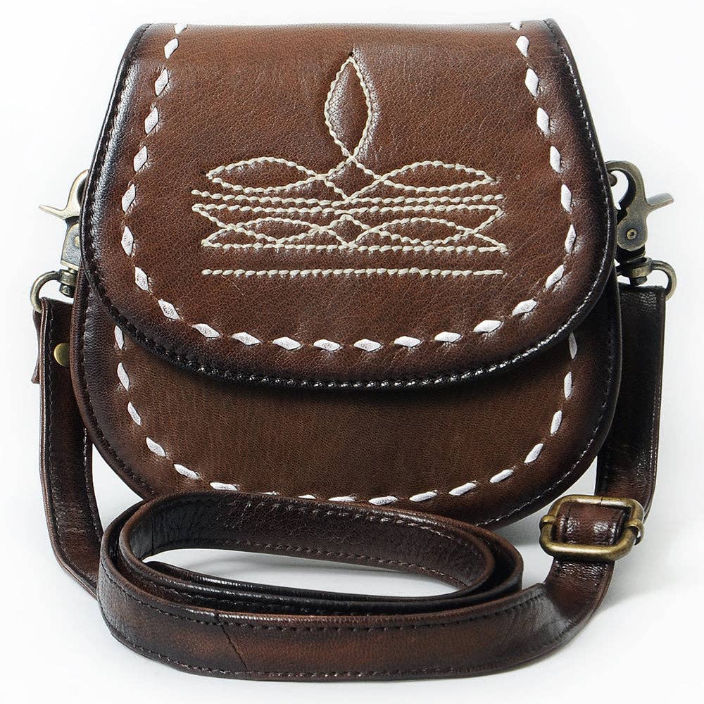 Western Embroidered Leather Saddle Crossbody Bag – Dark Brown