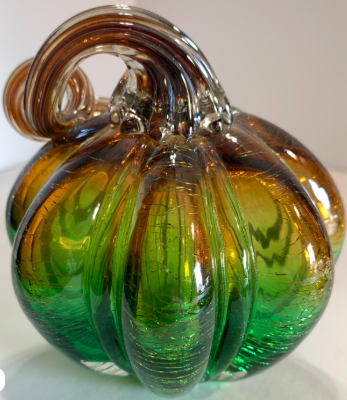3" Green & Amber Handblown Glass Pumpkin