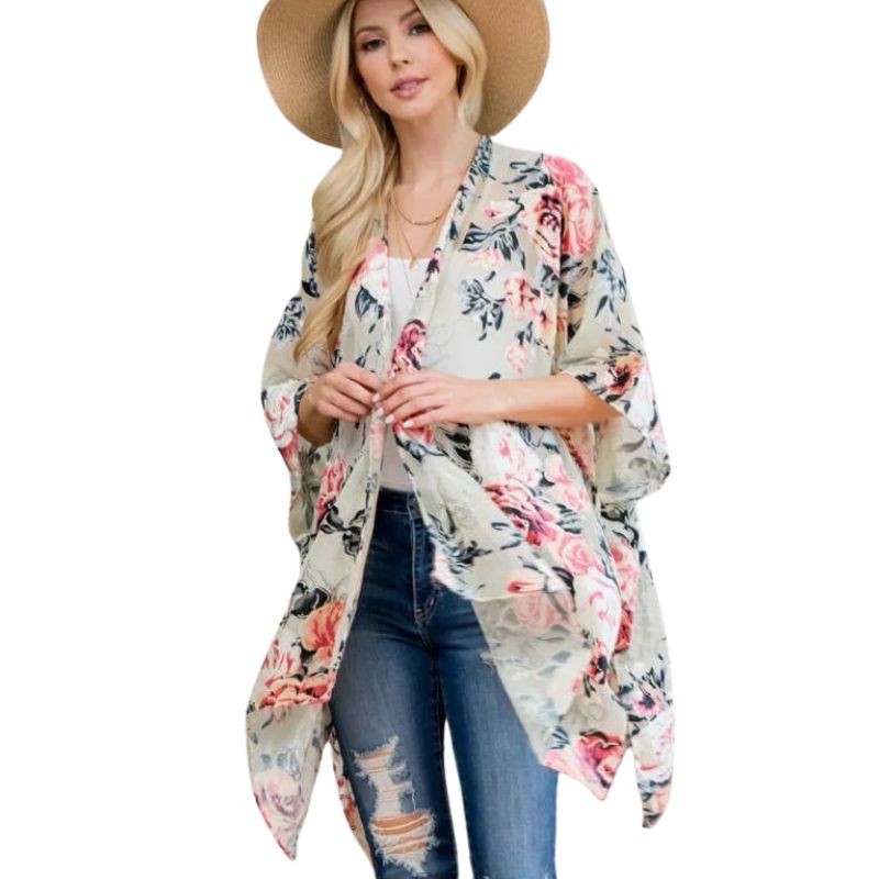 Rose Print Velvet Kimono