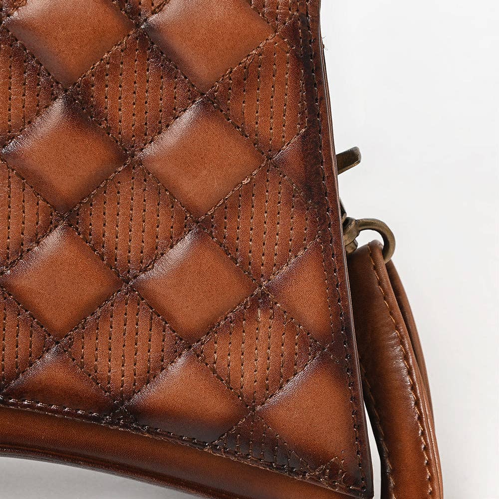 Cognac Quilted Leather Top Handle Crossbody Bag
