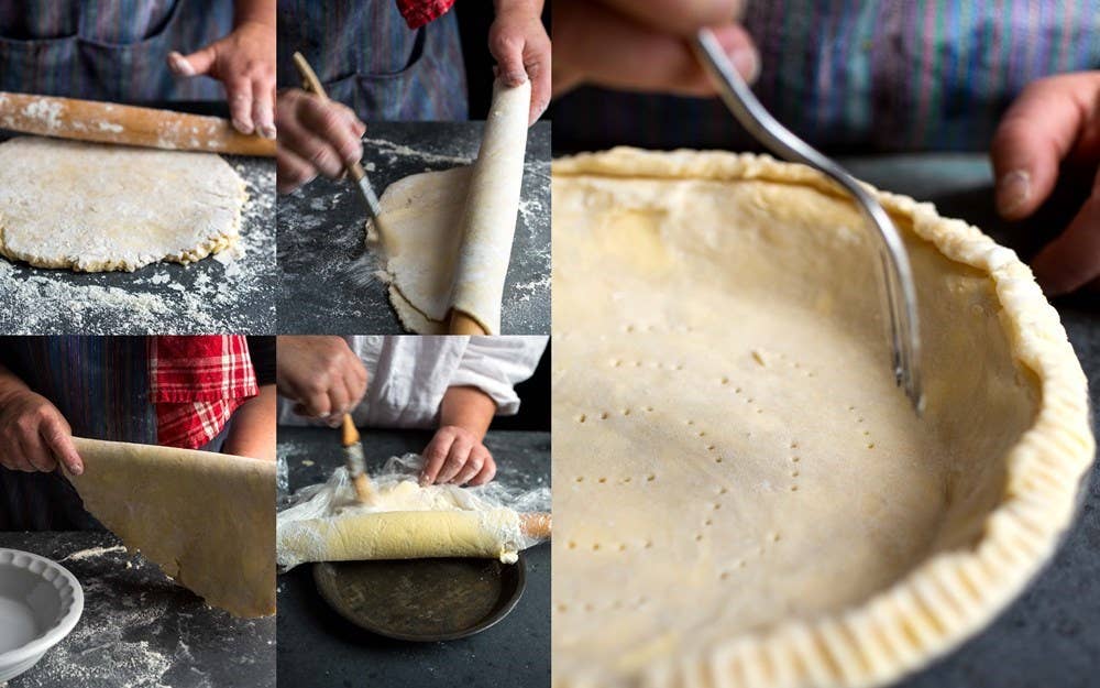 Collage of steps involved in making a pie crust.