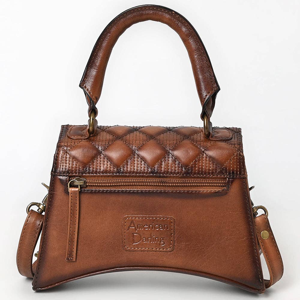Cognac Quilted Leather Top Handle Crossbody Bag