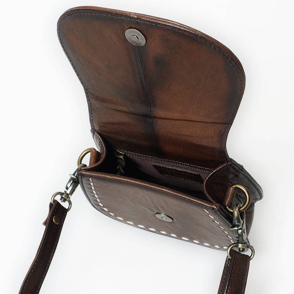 Brown Western Genuine Leather Saddle Crossbody Bag
