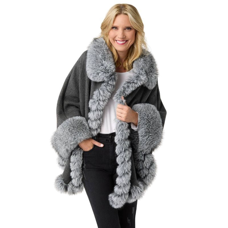 Mira Wrap with Faux Fur Trim-Fall: Grey