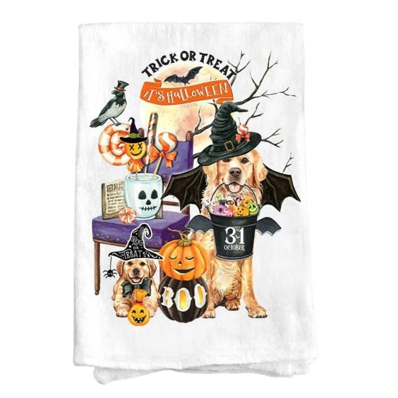 Halloween Dog Lover Trick or Treat Flour Sack Tea Towel