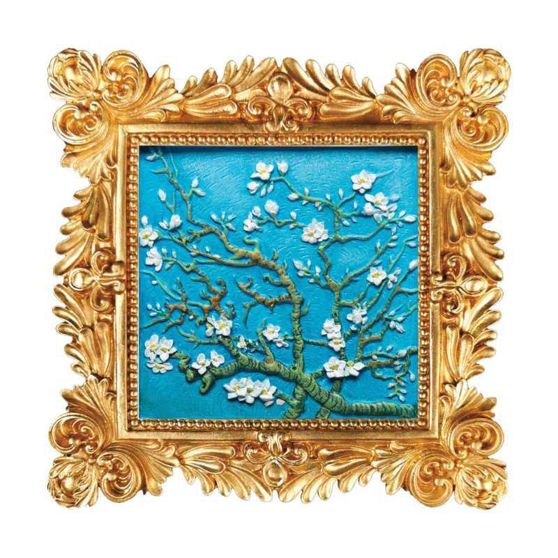 Paint your own almond blossom art. Decorative artwork of floral branches on a blue background, framed in an ornate gold frame.