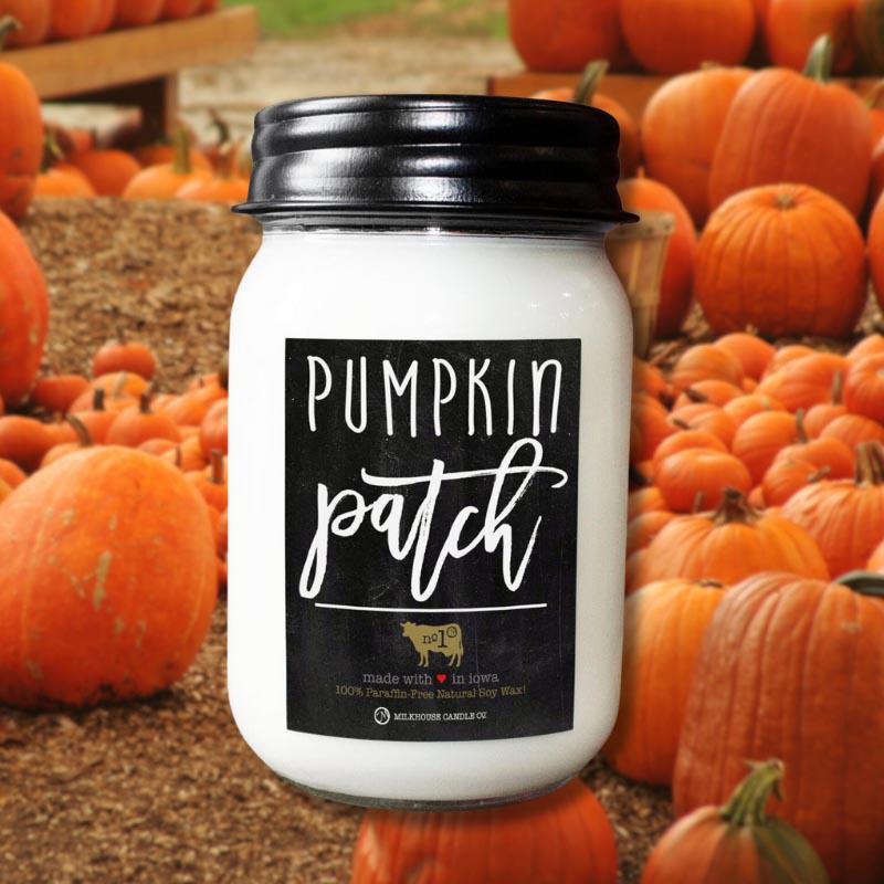13 oz Pumpkin Patch Mason Jar candle showing a pumpkin partch on the back