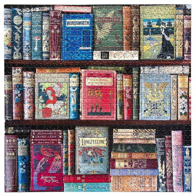 puzzle of Collage of book spines with various designs and colors on a wooden shelf.
