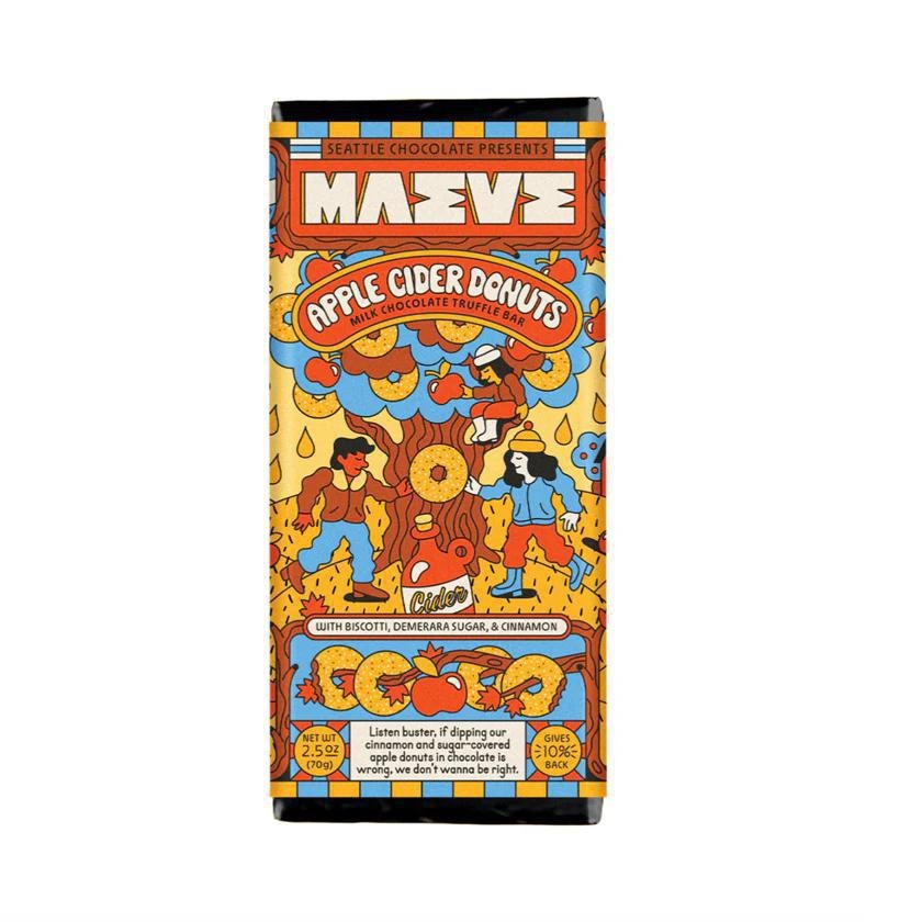 Chocolate bar packaging with colorful design and 'Maleve' branding on a white background