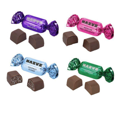 Assorted chocolates with colorful wrappings on a white background