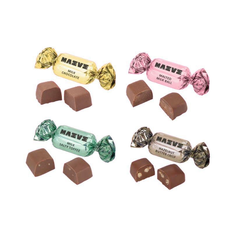 Assorted Mavee chocolates on a white background