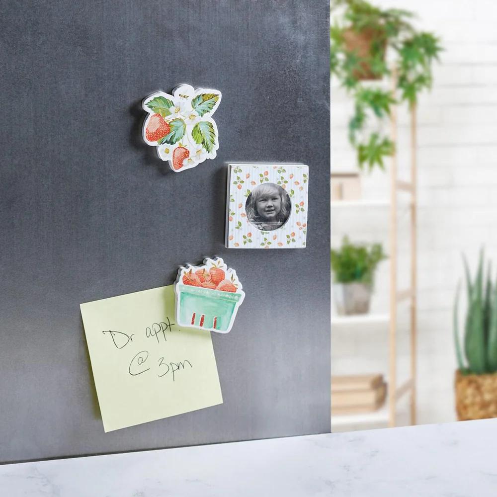 Decorative magnets on a refrigerator with a blurred indoor background