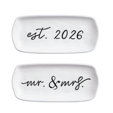 Two white ceramic plates with text 'est. 2026' and 'mr. & mrs.' on a white background.