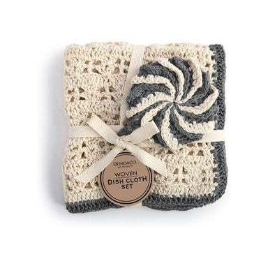 Set of woven dish cloths with a decorative bow and Demdaco label on a white background