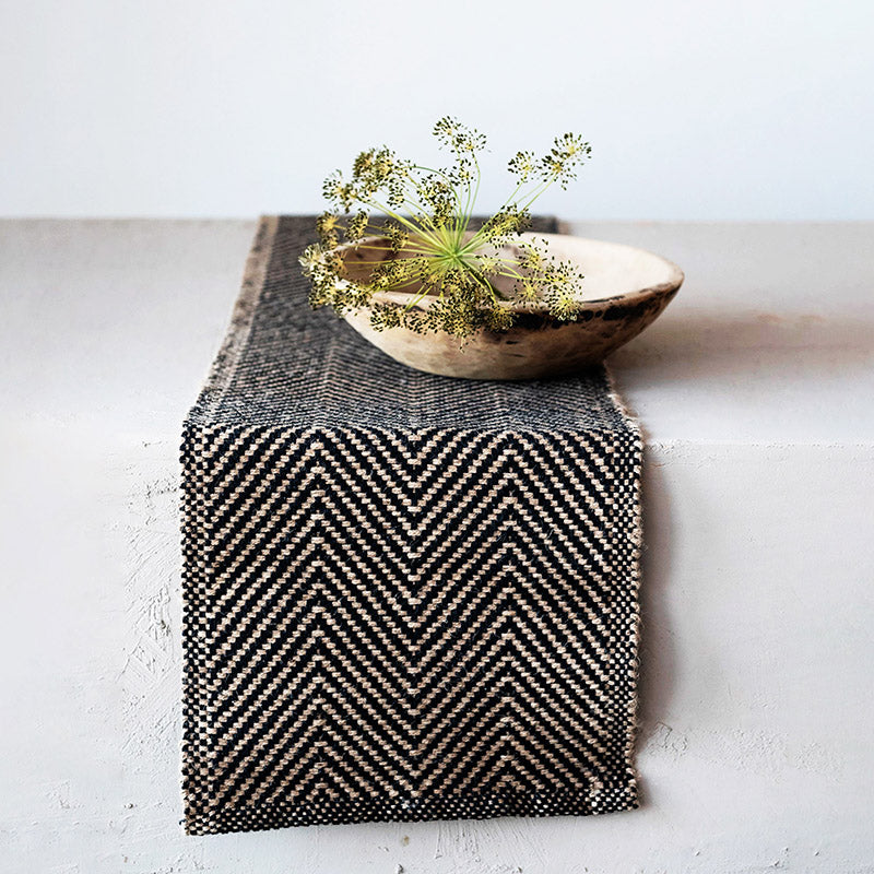 Woven Jute and Cotton Table Runner with Chevron Pattern" in Natural & Black