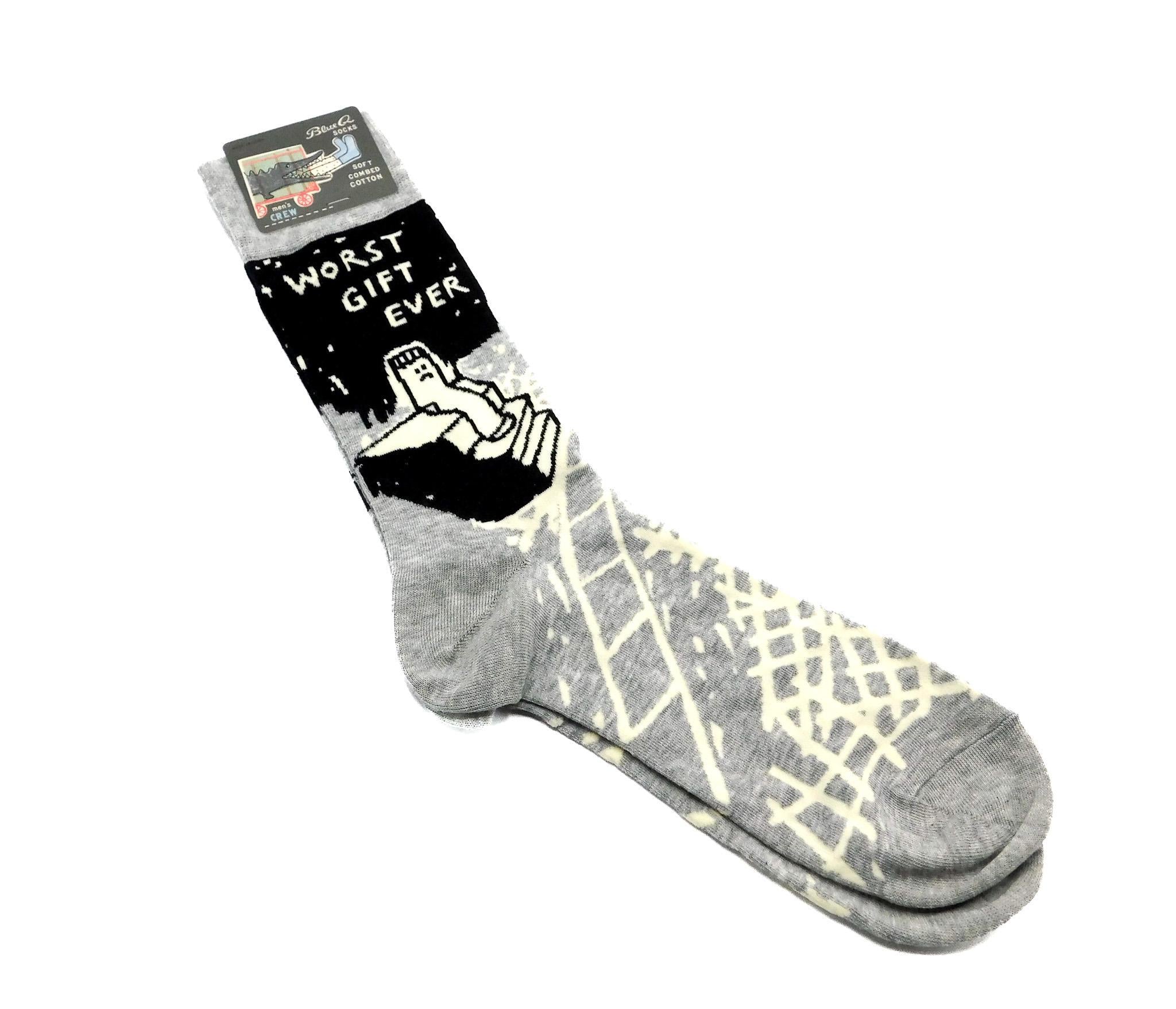 Pair of Socks with the legend Worst Gift Ever in grey, black and white with an image of a lonely sock siting on the stairs. 