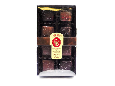 Chocolate sea salt caramels,   packaged in a decorative gift box 