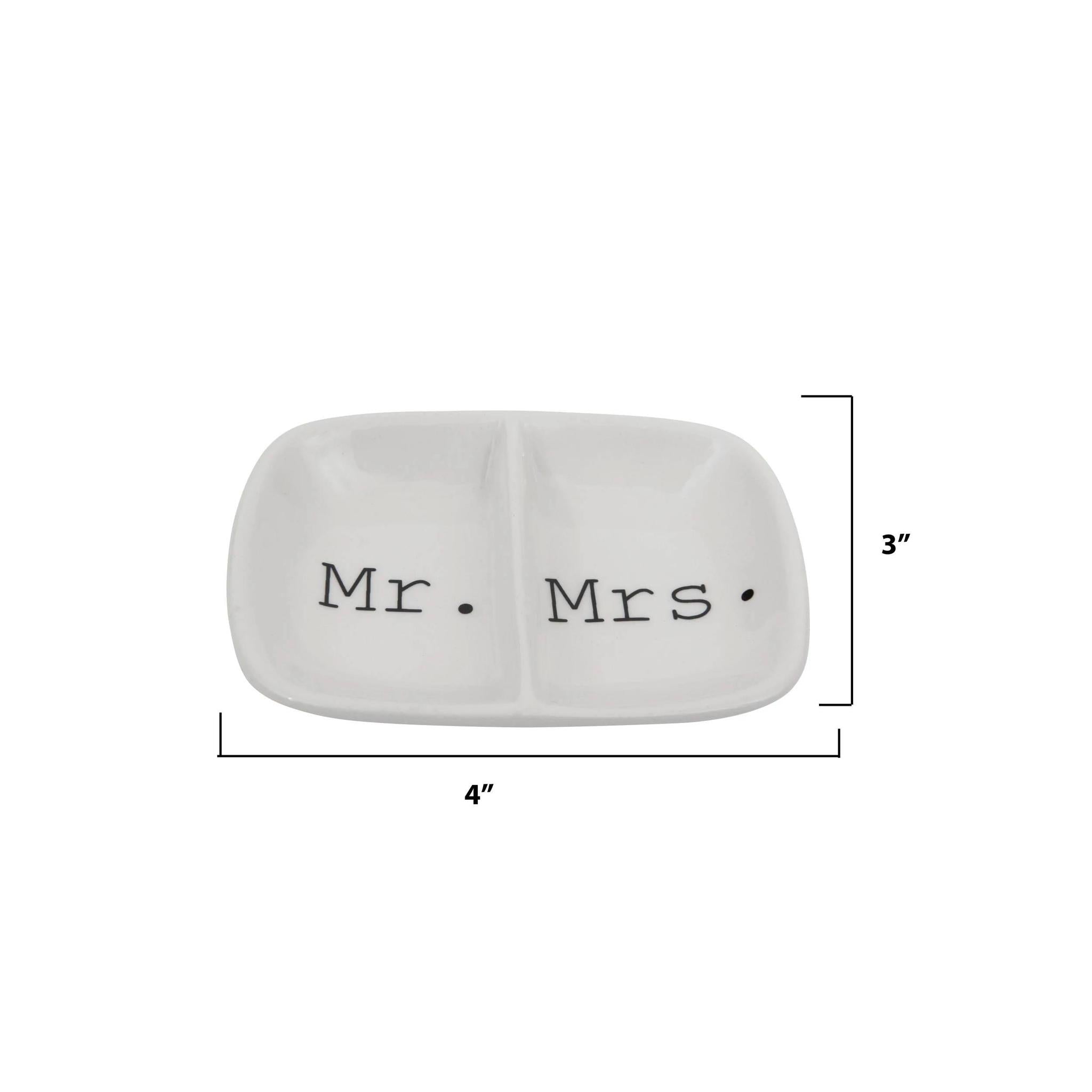 white ceramic mini ring dish that reads MR. and MRS. dimensions 3" x 4"