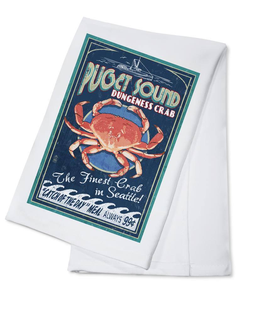 Dungeness Crab Tea Towel! This vintage-inspired towel features a delightful drawing of a catch of the day meal, showcasing a Dungeness crab.