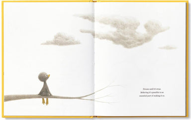 "Finding Muchness" Book by Kobi Yamada book middle page showing a cute duckling sitting on a branch watching the clouds 
