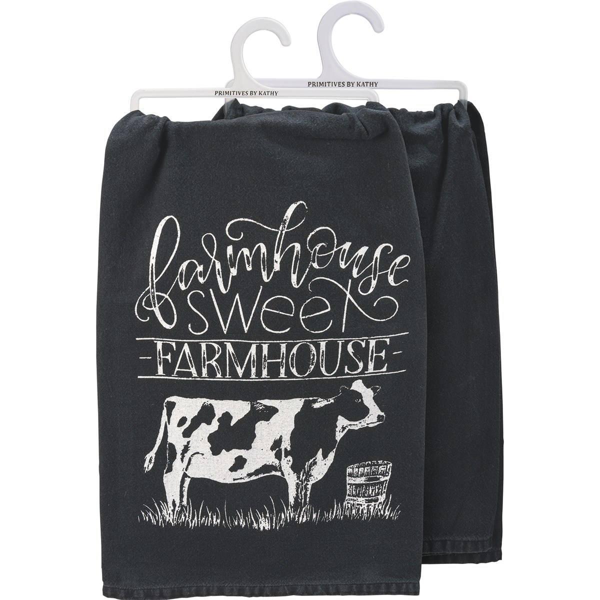  Farmhouse Cow Dish Towel! Featuring a cute cow and bucket drawing in a black and white color scheme,